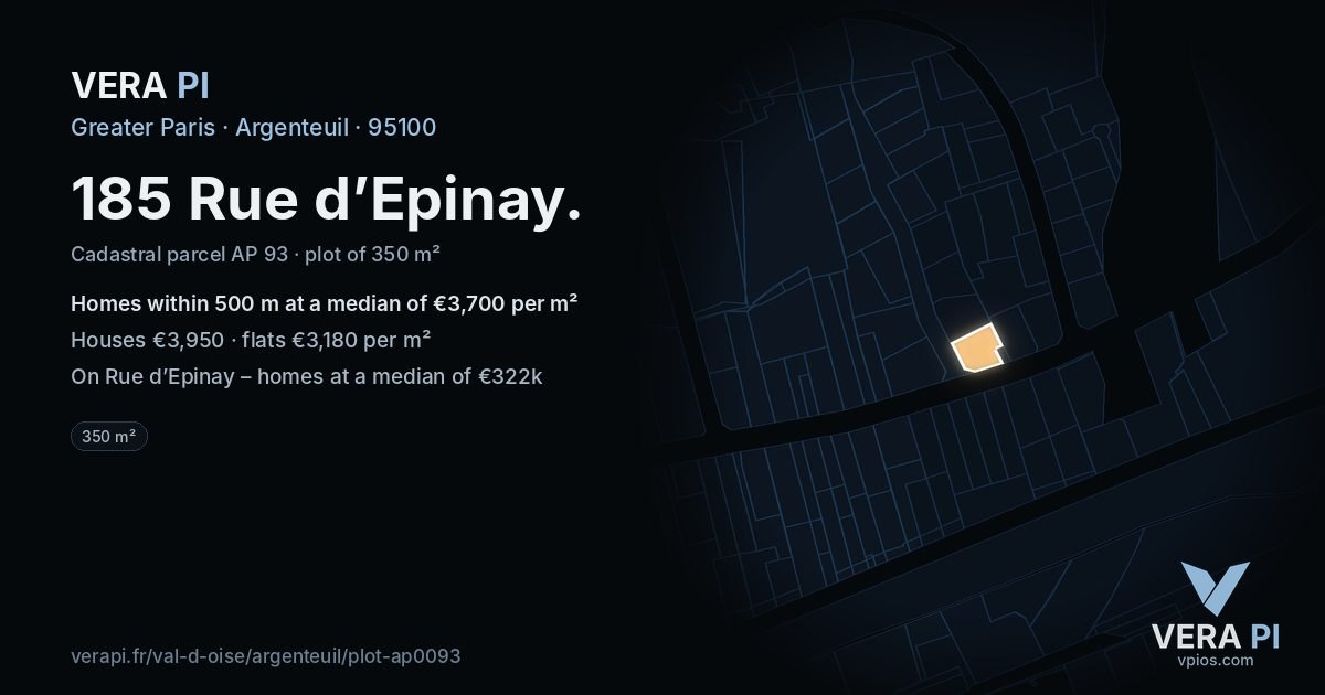 185 Rue d’Epinay, Argenteuil at night – the plot lit, the parcels around coloured by the prices near them