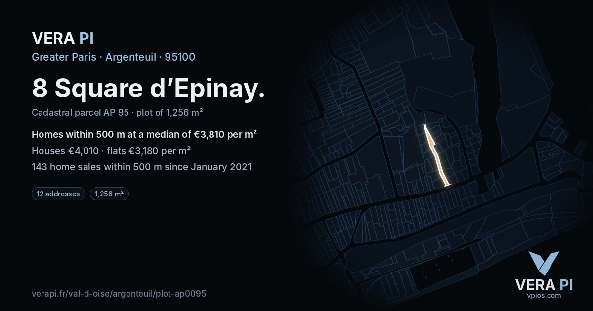 8 Square d’Epinay, Argenteuil at night – the plot lit, the parcels around coloured by the prices near them