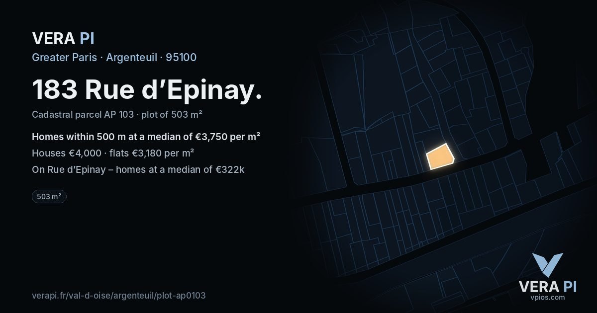 183 Rue d’Epinay, Argenteuil at night – the plot lit, the parcels around coloured by the prices near them