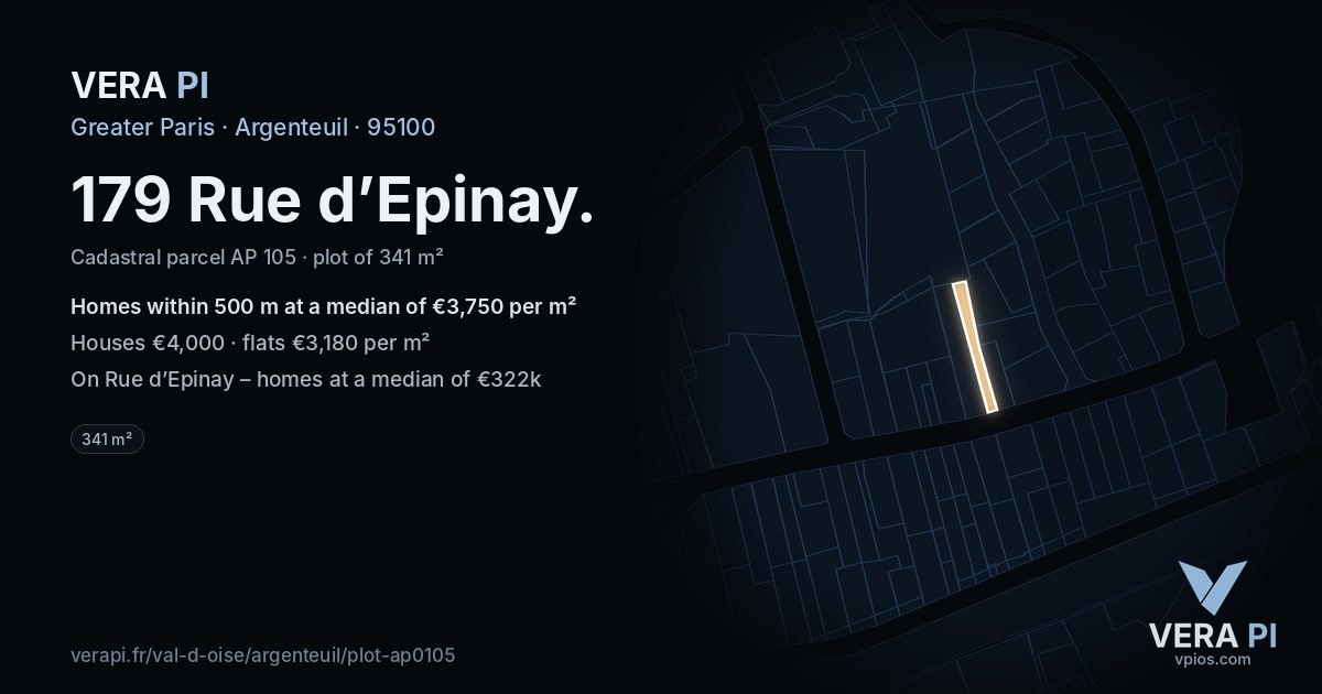 179 Rue d’Epinay, Argenteuil at night – the plot lit, the parcels around coloured by the prices near them