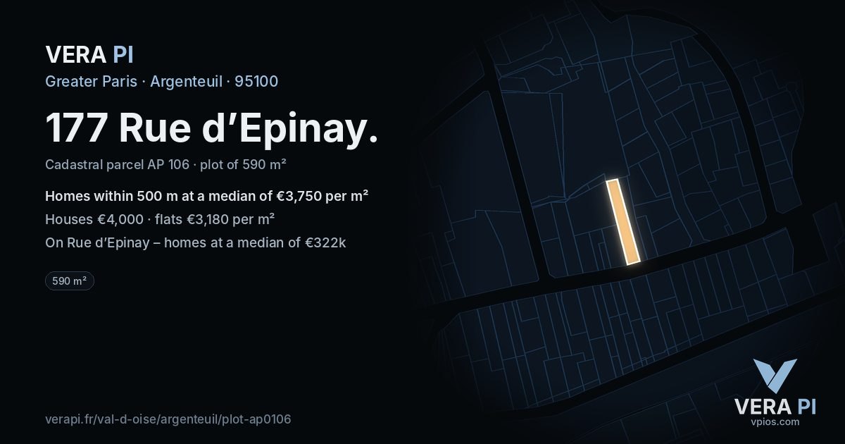 177 Rue d’Epinay, Argenteuil at night – the plot lit, the parcels around coloured by the prices near them