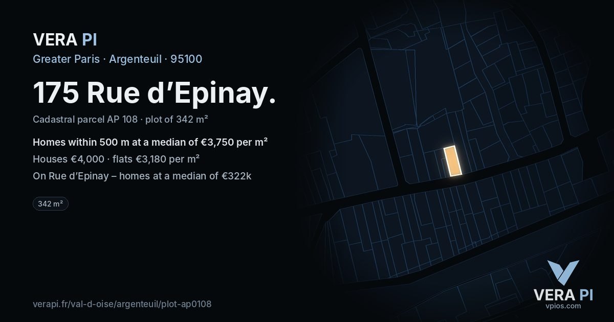 175 Rue d’Epinay, Argenteuil at night – the plot lit, the parcels around coloured by the prices near them
