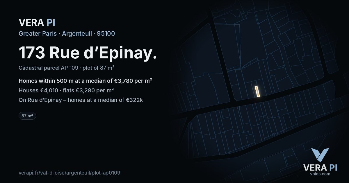 173 Rue d’Epinay, Argenteuil at night – the plot lit, the parcels around coloured by the prices near them