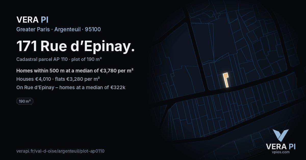 171 Rue d’Epinay, Argenteuil at night – the plot lit, the parcels around coloured by the prices near them