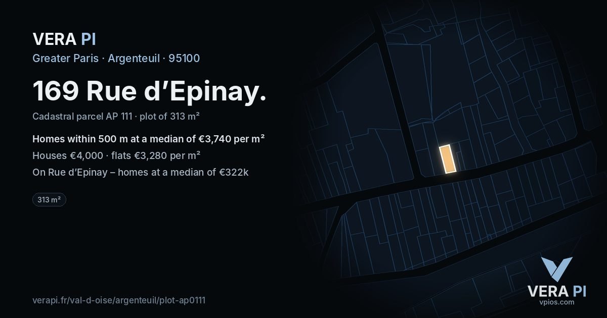 169 Rue d’Epinay, Argenteuil at night – the plot lit, the parcels around coloured by the prices near them