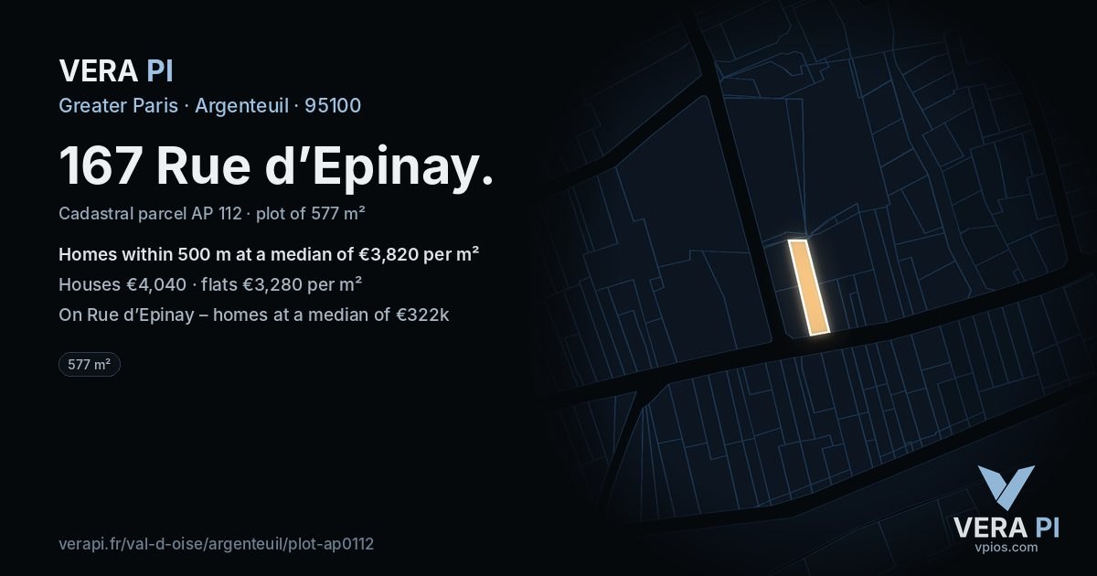 167 Rue d’Epinay, Argenteuil at night – the plot lit, the parcels around coloured by the prices near them