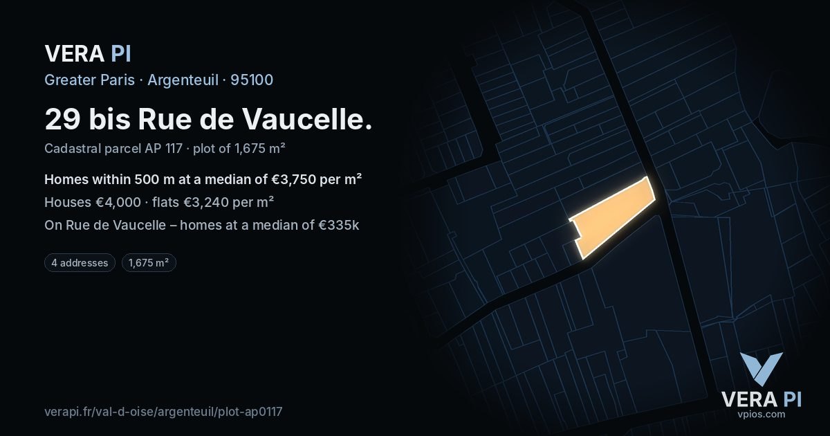 29 bis Rue de Vaucelle, Argenteuil at night – the plot lit, the parcels around coloured by the prices near them