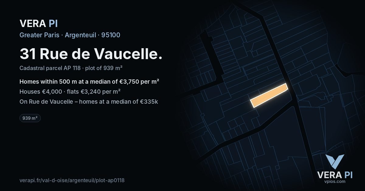 31 Rue de Vaucelle, Argenteuil at night – the plot lit, the parcels around coloured by the prices near them