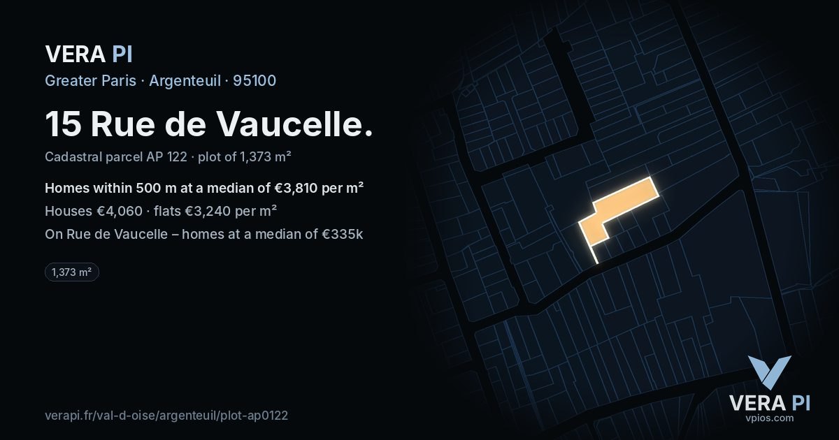 15 Rue de Vaucelle, Argenteuil at night – the plot lit, the parcels around coloured by the prices near them