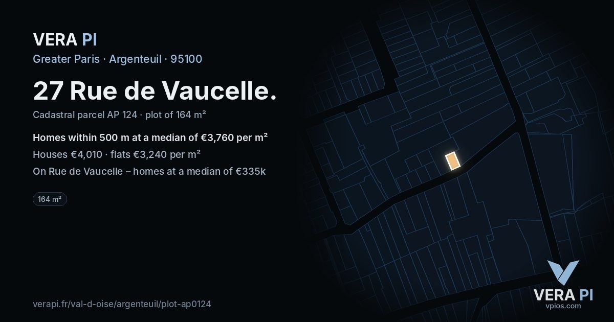 27 Rue de Vaucelle, Argenteuil at night – the plot lit, the parcels around coloured by the prices near them