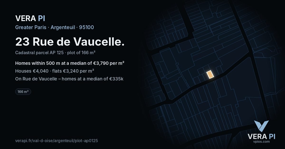 23 Rue de Vaucelle, Argenteuil at night – the plot lit, the parcels around coloured by the prices near them