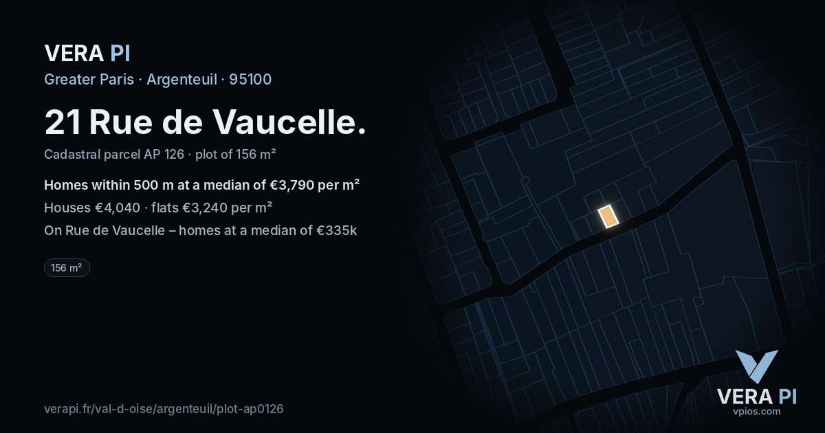 21 Rue de Vaucelle, Argenteuil at night – the plot lit, the parcels around coloured by the prices near them
