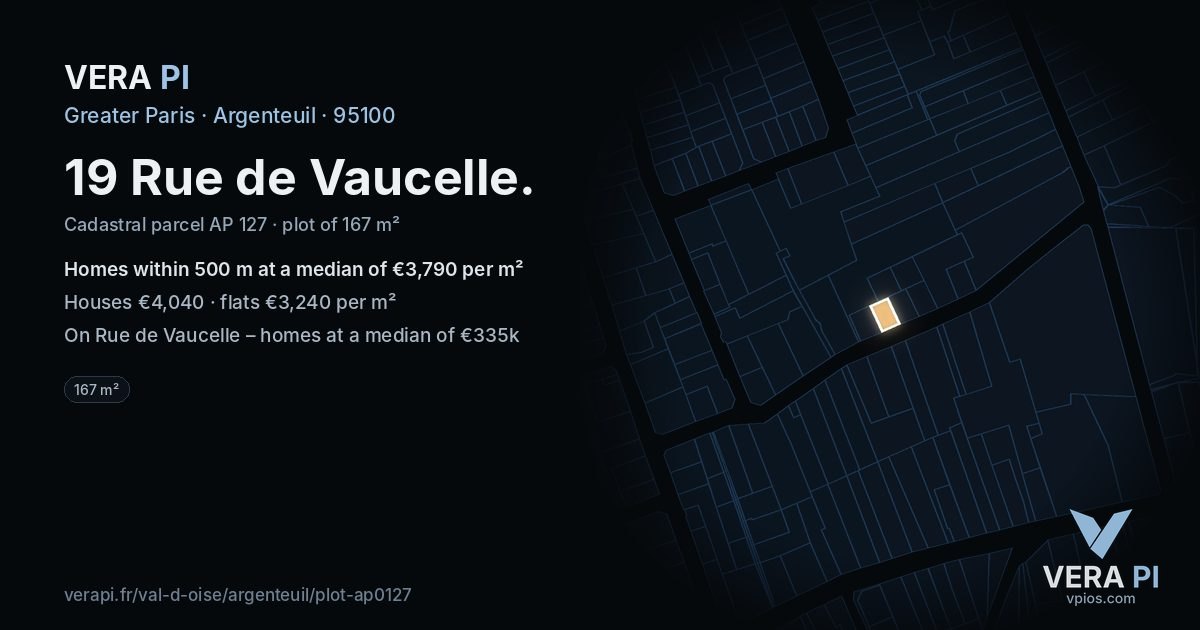 19 Rue de Vaucelle, Argenteuil at night – the plot lit, the parcels around coloured by the prices near them