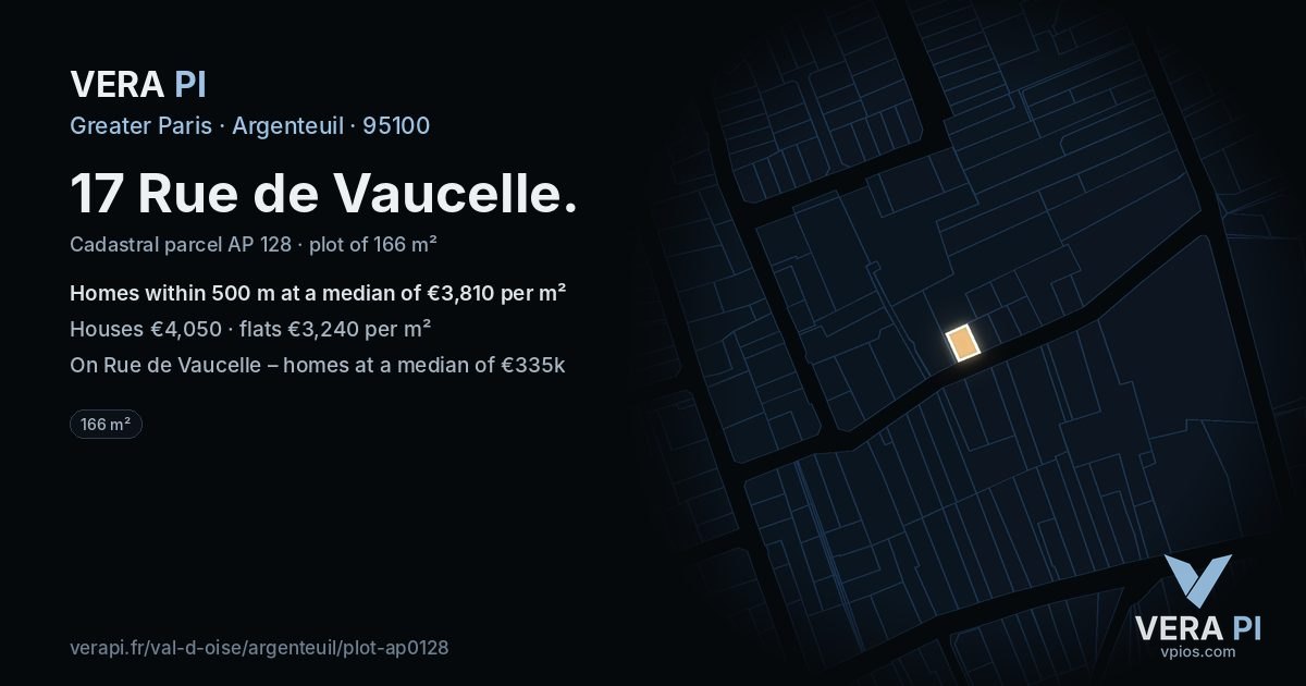 17 Rue de Vaucelle, Argenteuil at night – the plot lit, the parcels around coloured by the prices near them