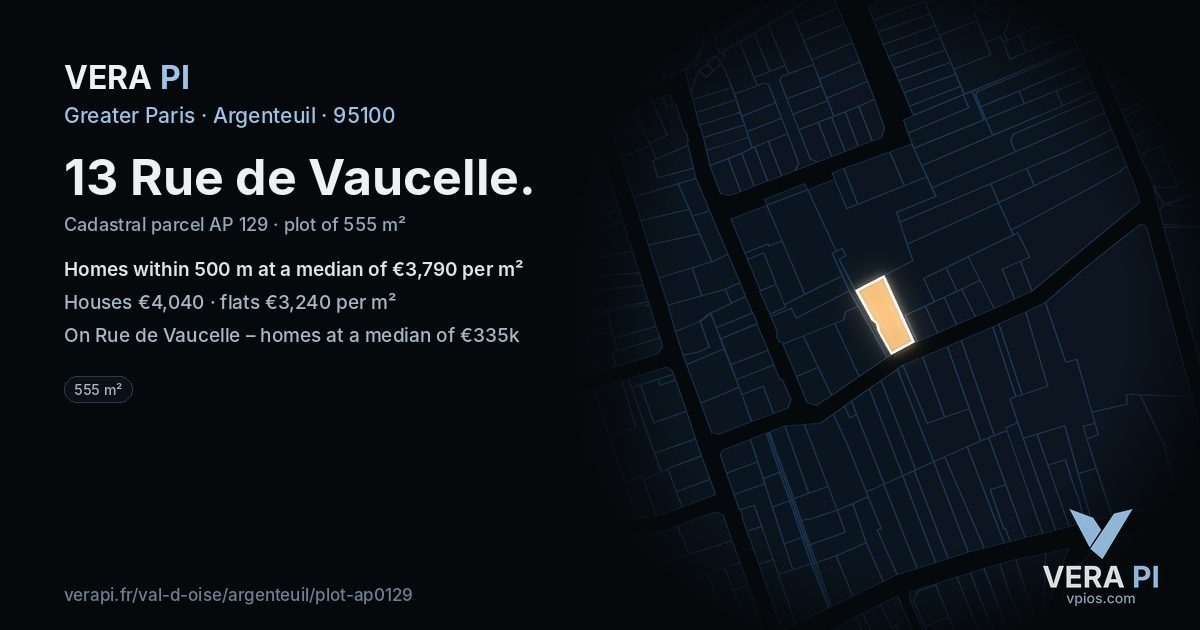 13 Rue de Vaucelle, Argenteuil at night – the plot lit, the parcels around coloured by the prices near them