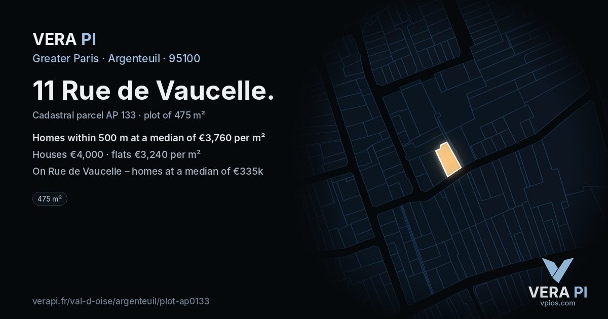 11 Rue de Vaucelle, Argenteuil at night – the plot lit, the parcels around coloured by the prices near them