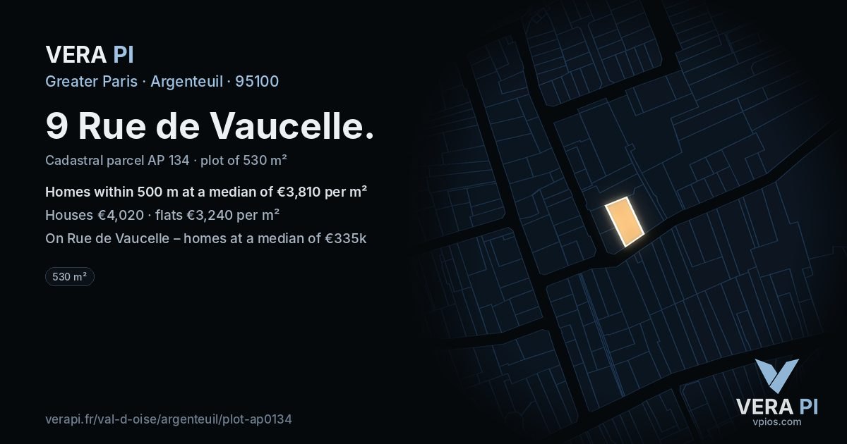 9 Rue de Vaucelle, Argenteuil at night – the plot lit, the parcels around coloured by the prices near them