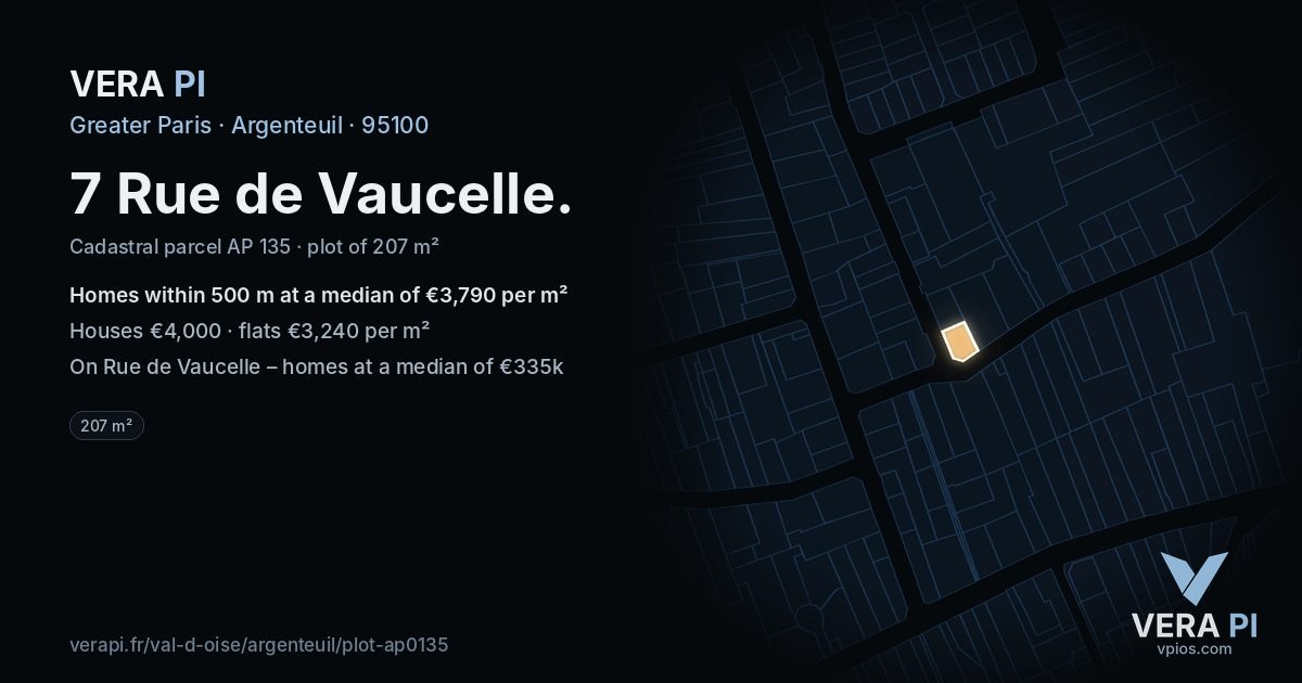 7 Rue de Vaucelle, Argenteuil at night – the plot lit, the parcels around coloured by the prices near them