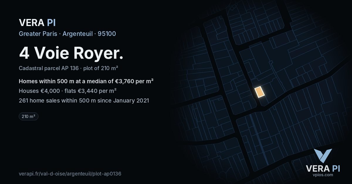 4 Voie Royer, Argenteuil at night – the plot lit, the parcels around coloured by the prices near them