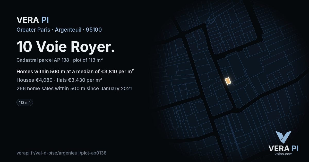 10 Voie Royer, Argenteuil at night – the plot lit, the parcels around coloured by the prices near them