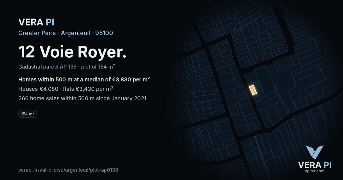 12 Voie Royer, Argenteuil at night – the plot lit, the parcels around coloured by the prices near them