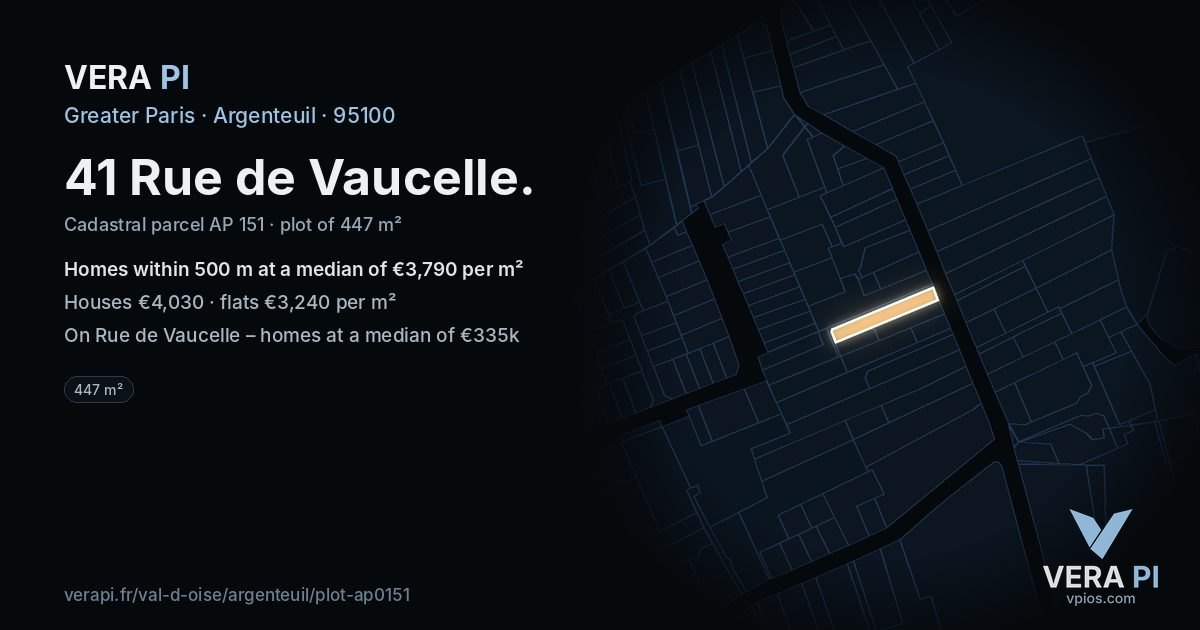 41 Rue de Vaucelle, Argenteuil at night – the plot lit, the parcels around coloured by the prices near them