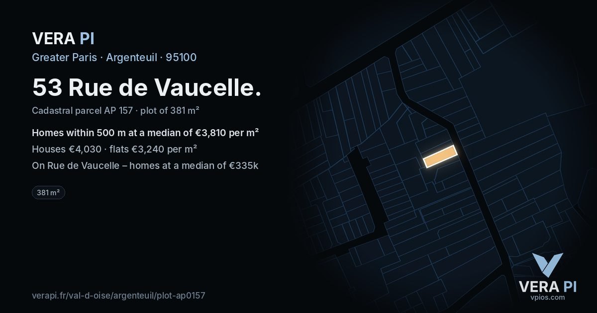 53 Rue de Vaucelle, Argenteuil at night – the plot lit, the parcels around coloured by the prices near them