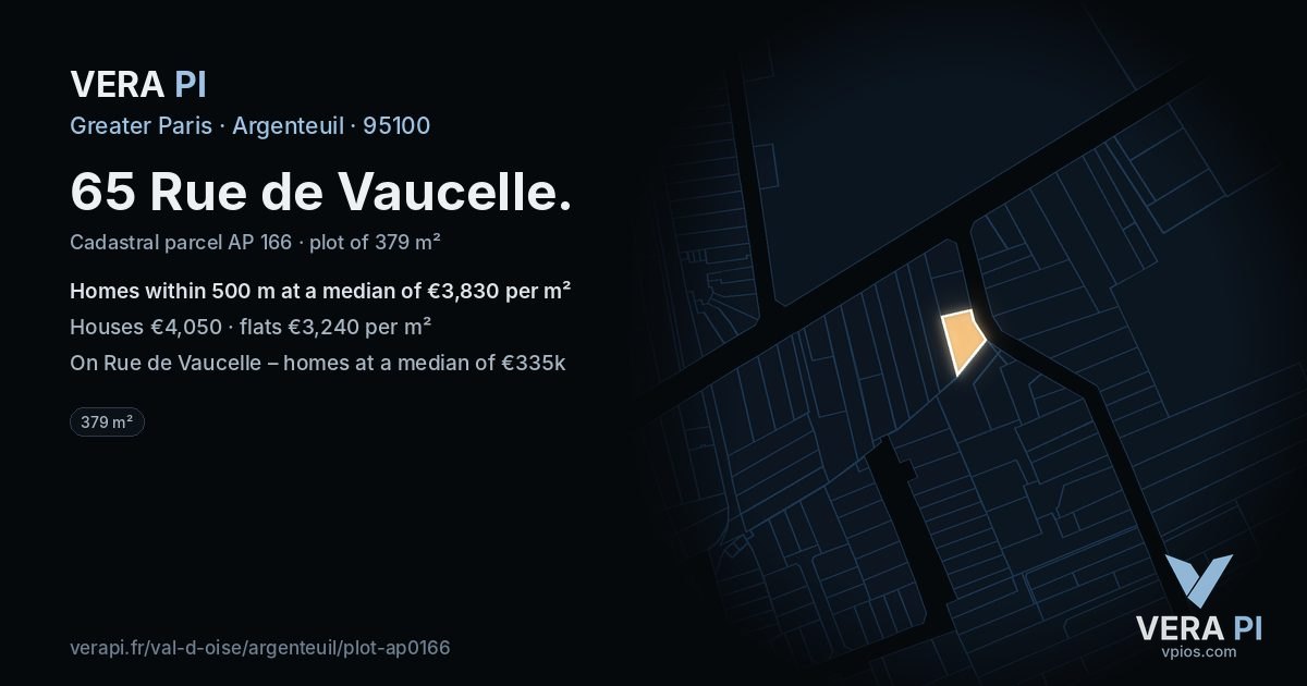 65 Rue de Vaucelle, Argenteuil at night – the plot lit, the parcels around coloured by the prices near them