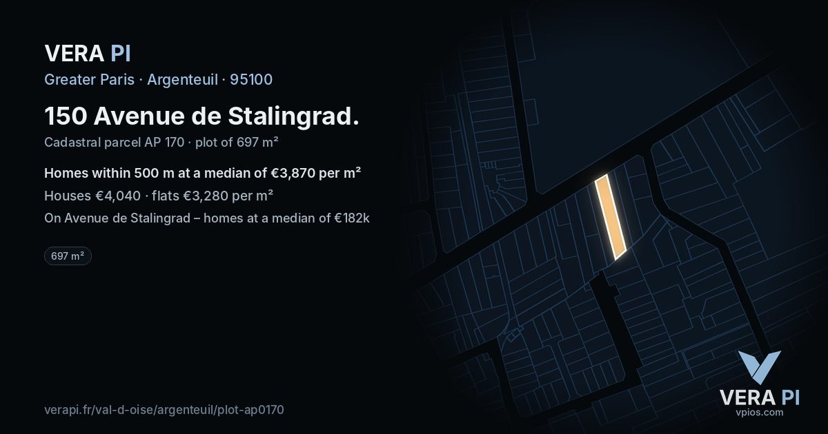 150 Avenue de Stalingrad, Argenteuil at night – the plot lit, the parcels around coloured by the prices near them