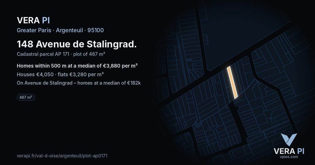 148 Avenue de Stalingrad, Argenteuil at night – the plot lit, the parcels around coloured by the prices near them