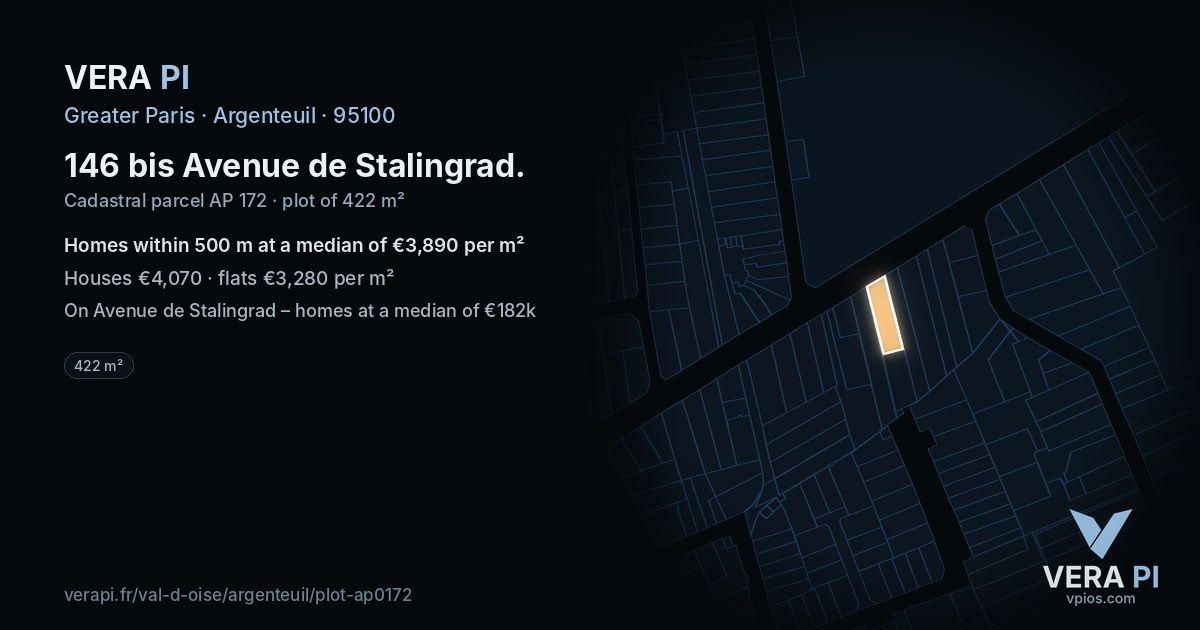 146 bis Avenue de Stalingrad, Argenteuil at night – the plot lit, the parcels around coloured by the prices near them