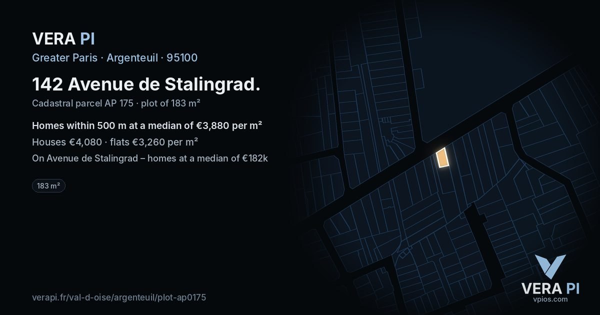 142 Avenue de Stalingrad, Argenteuil at night – the plot lit, the parcels around coloured by the prices near them