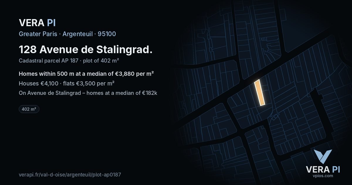 128 Avenue de Stalingrad, Argenteuil at night – the plot lit, the parcels around coloured by the prices near them