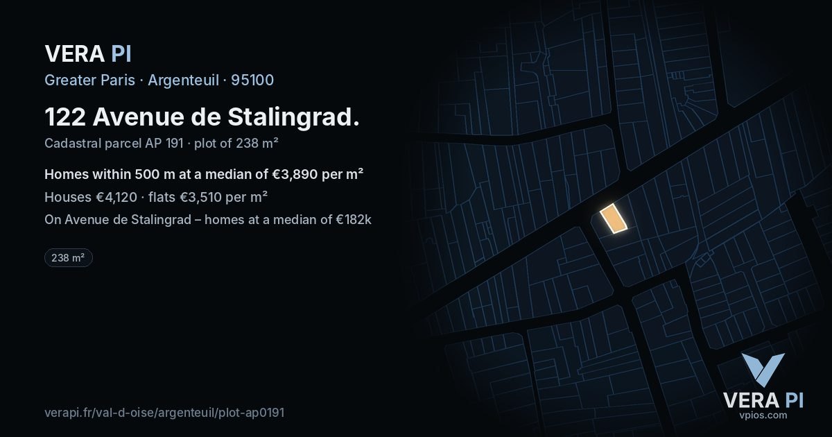 122 Avenue de Stalingrad, Argenteuil at night – the plot lit, the parcels around coloured by the prices near them