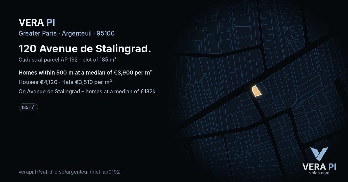 120 Avenue de Stalingrad, Argenteuil at night – the plot lit, the parcels around coloured by the prices near them