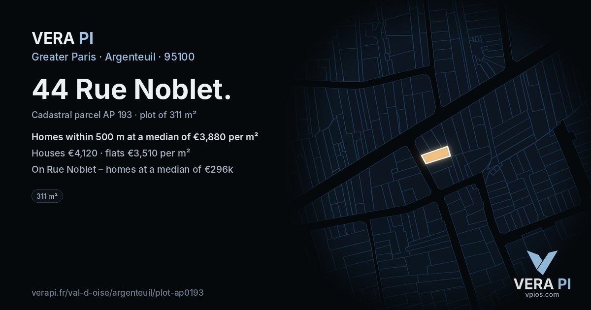 44 Rue Noblet, Argenteuil at night – the plot lit, the parcels around coloured by the prices near them