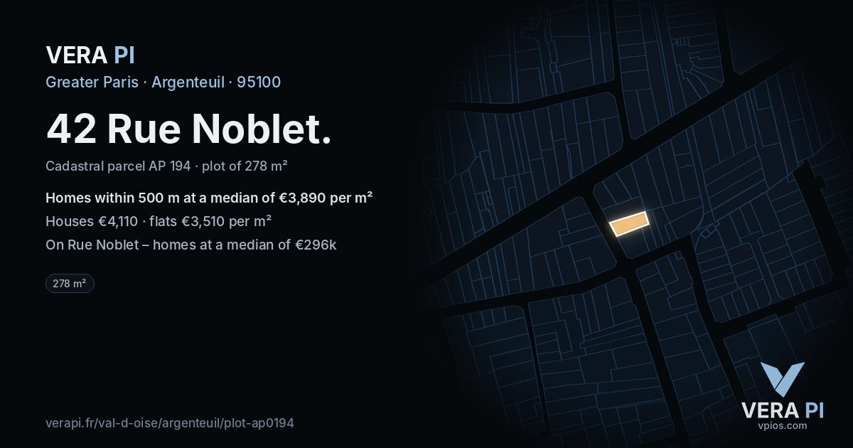 42 Rue Noblet, Argenteuil at night – the plot lit, the parcels around coloured by the prices near them
