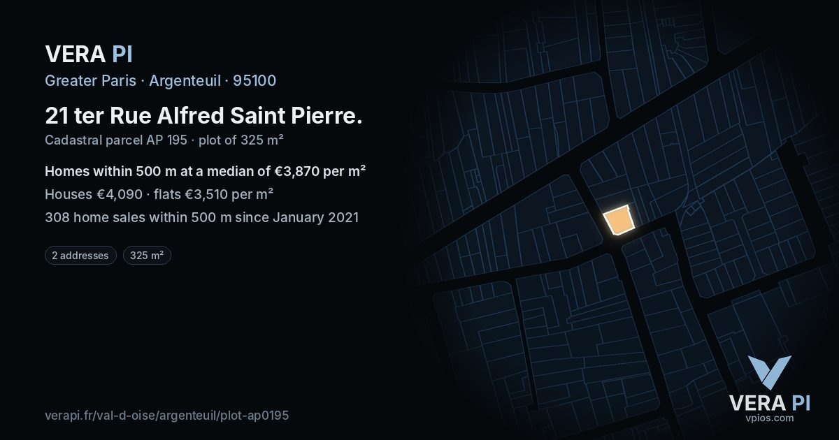 21 ter Rue Alfred Saint Pierre, Argenteuil at night – the plot lit, the parcels around coloured by the prices near them
