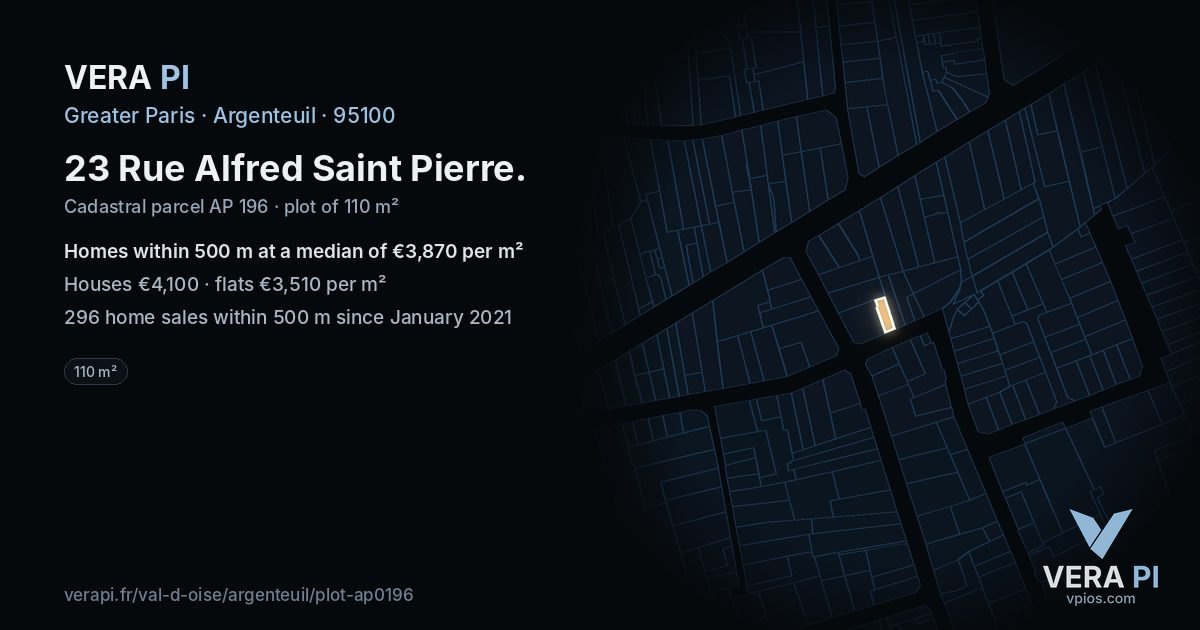 23 Rue Alfred Saint Pierre, Argenteuil at night – the plot lit, the parcels around coloured by the prices near them