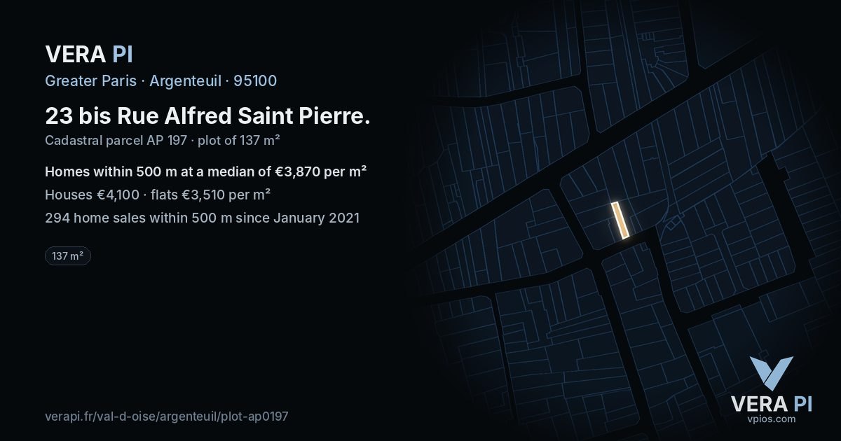 23 bis Rue Alfred Saint Pierre, Argenteuil at night – the plot lit, the parcels around coloured by the prices near them