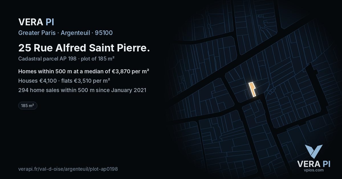 25 Rue Alfred Saint Pierre, Argenteuil at night – the plot lit, the parcels around coloured by the prices near them