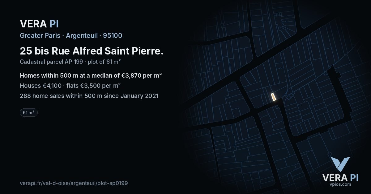 25 bis Rue Alfred Saint Pierre, Argenteuil at night – the plot lit, the parcels around coloured by the prices near them