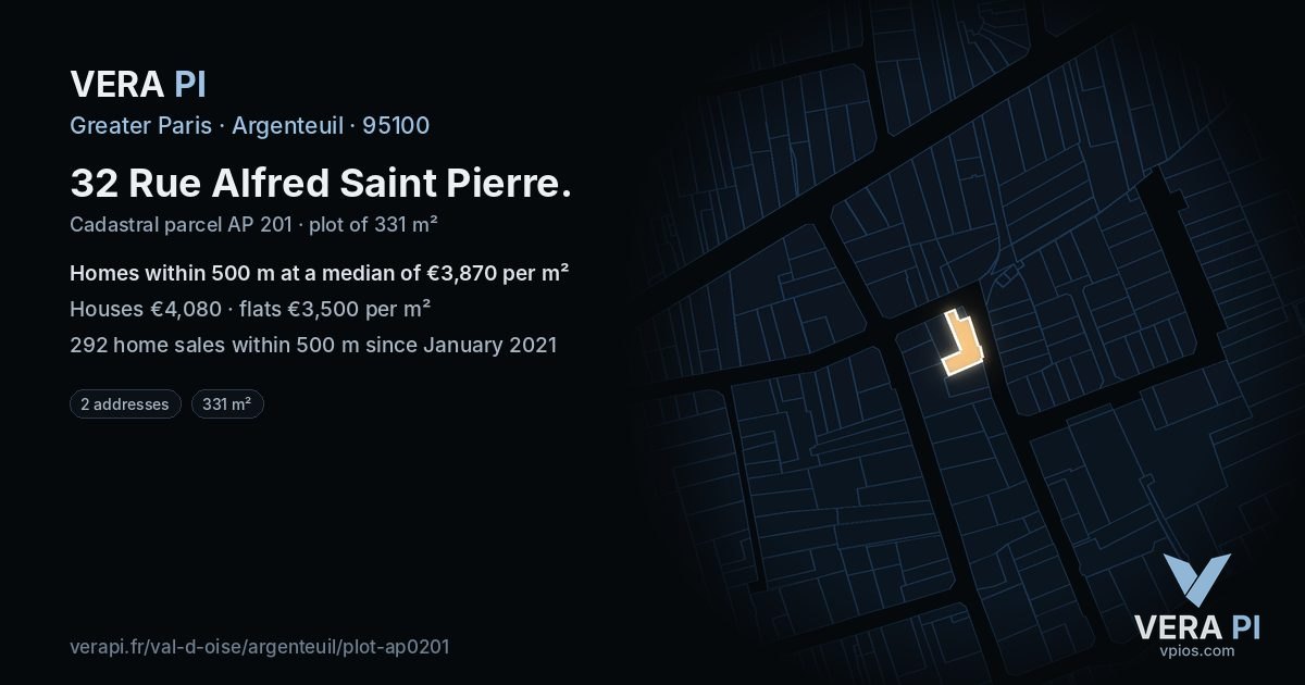 32 Rue Alfred Saint Pierre, Argenteuil at night – the plot lit, the parcels around coloured by the prices near them