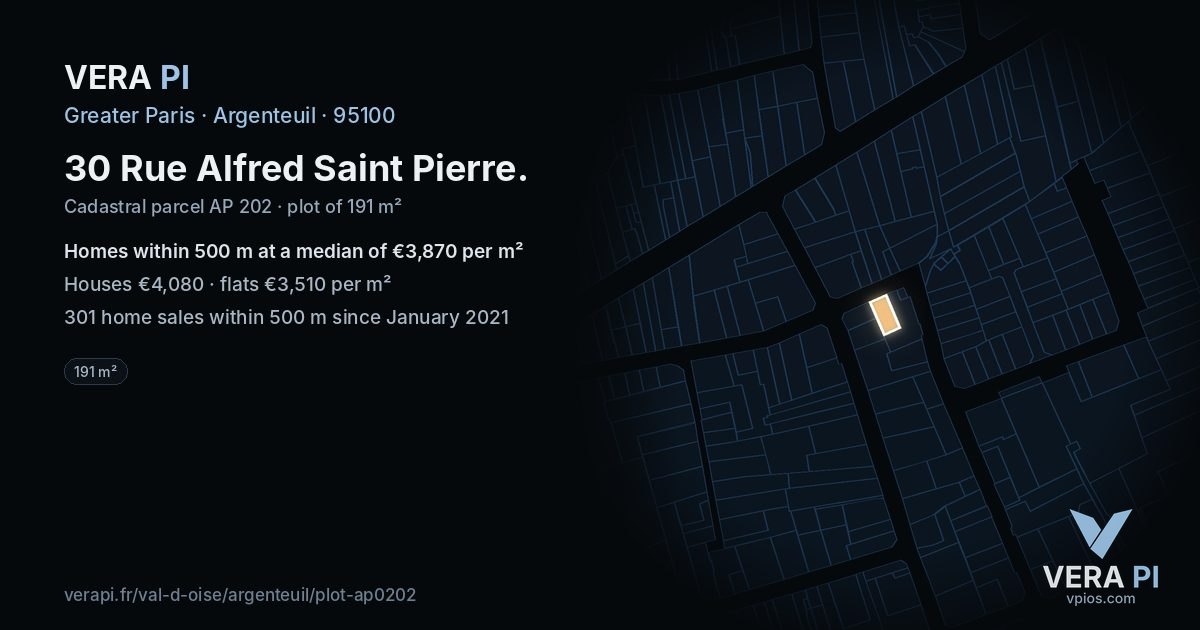 30 Rue Alfred Saint Pierre, Argenteuil at night – the plot lit, the parcels around coloured by the prices near them