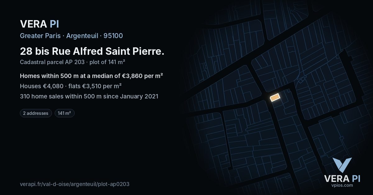28 bis Rue Alfred Saint Pierre, Argenteuil at night – the plot lit, the parcels around coloured by the prices near them