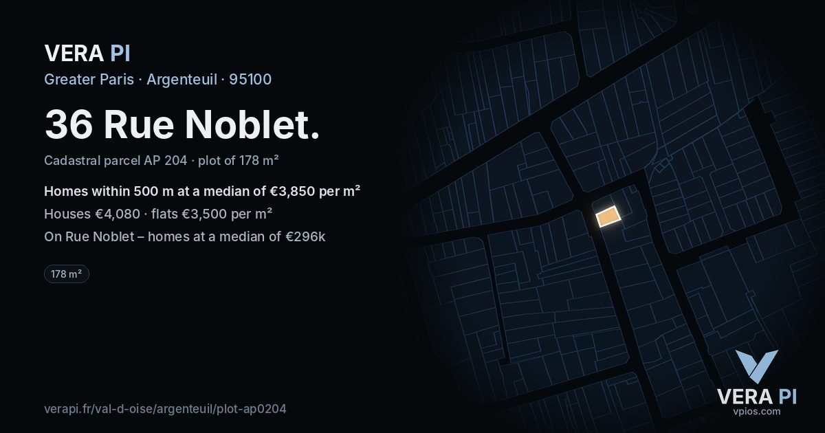 36 Rue Noblet, Argenteuil at night – the plot lit, the parcels around coloured by the prices near them