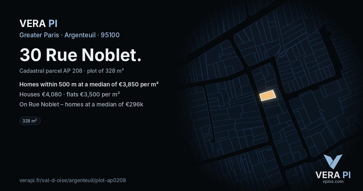 30 Rue Noblet, Argenteuil at night – the plot lit, the parcels around coloured by the prices near them