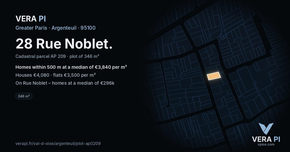 28 Rue Noblet, Argenteuil at night – the plot lit, the parcels around coloured by the prices near them