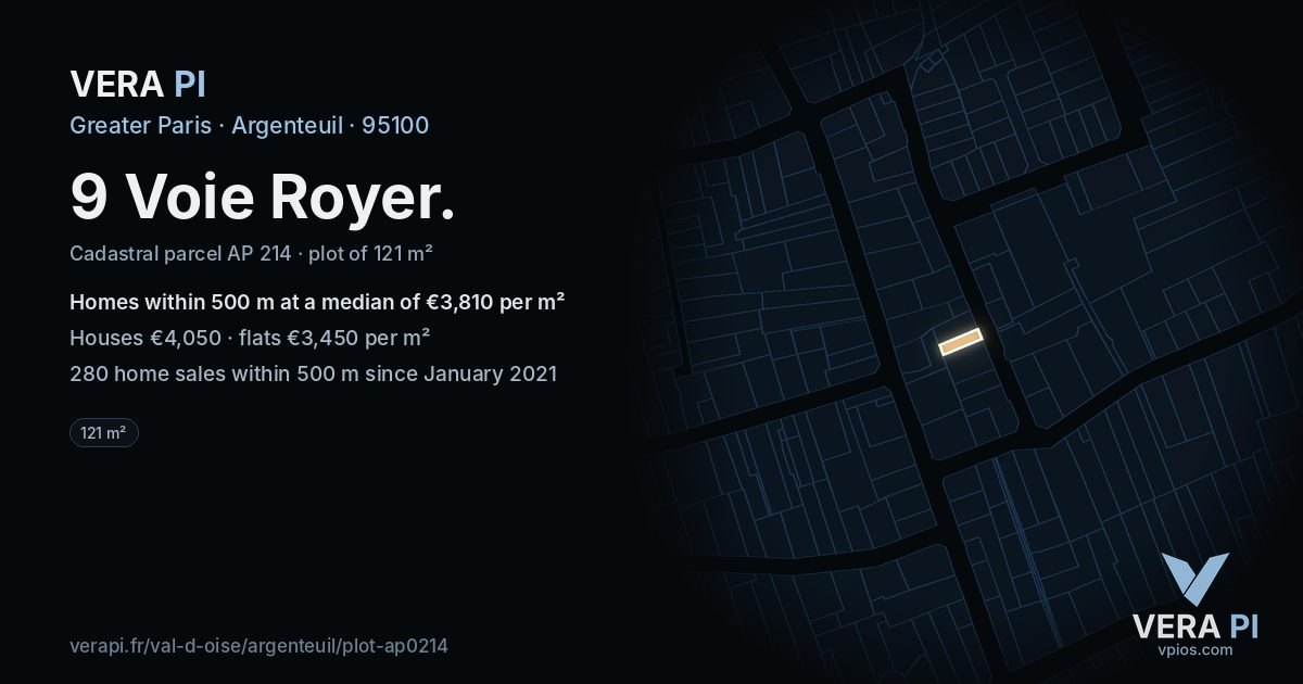 9 Voie Royer, Argenteuil at night – the plot lit, the parcels around coloured by the prices near them