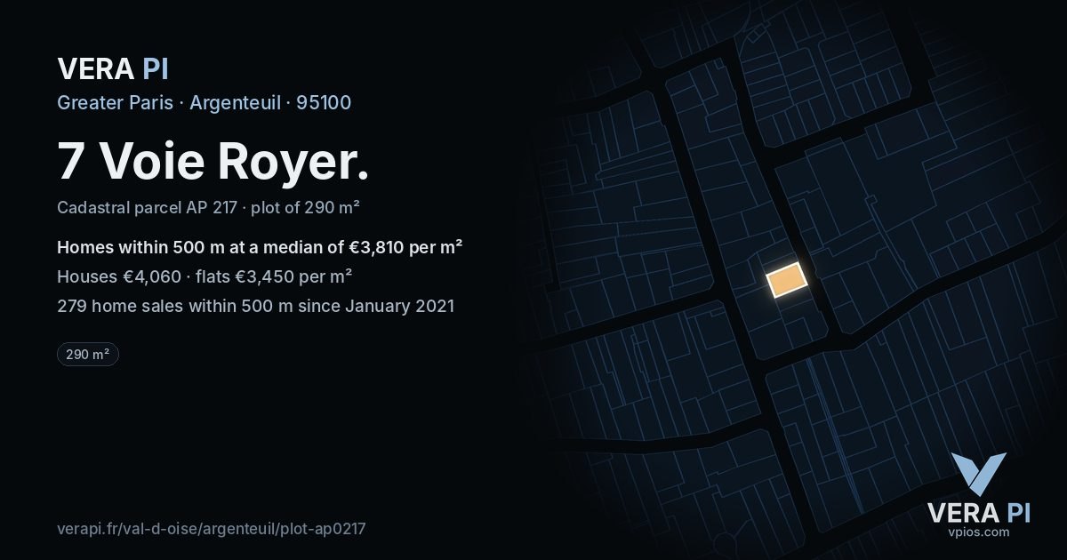 7 Voie Royer, Argenteuil at night – the plot lit, the parcels around coloured by the prices near them